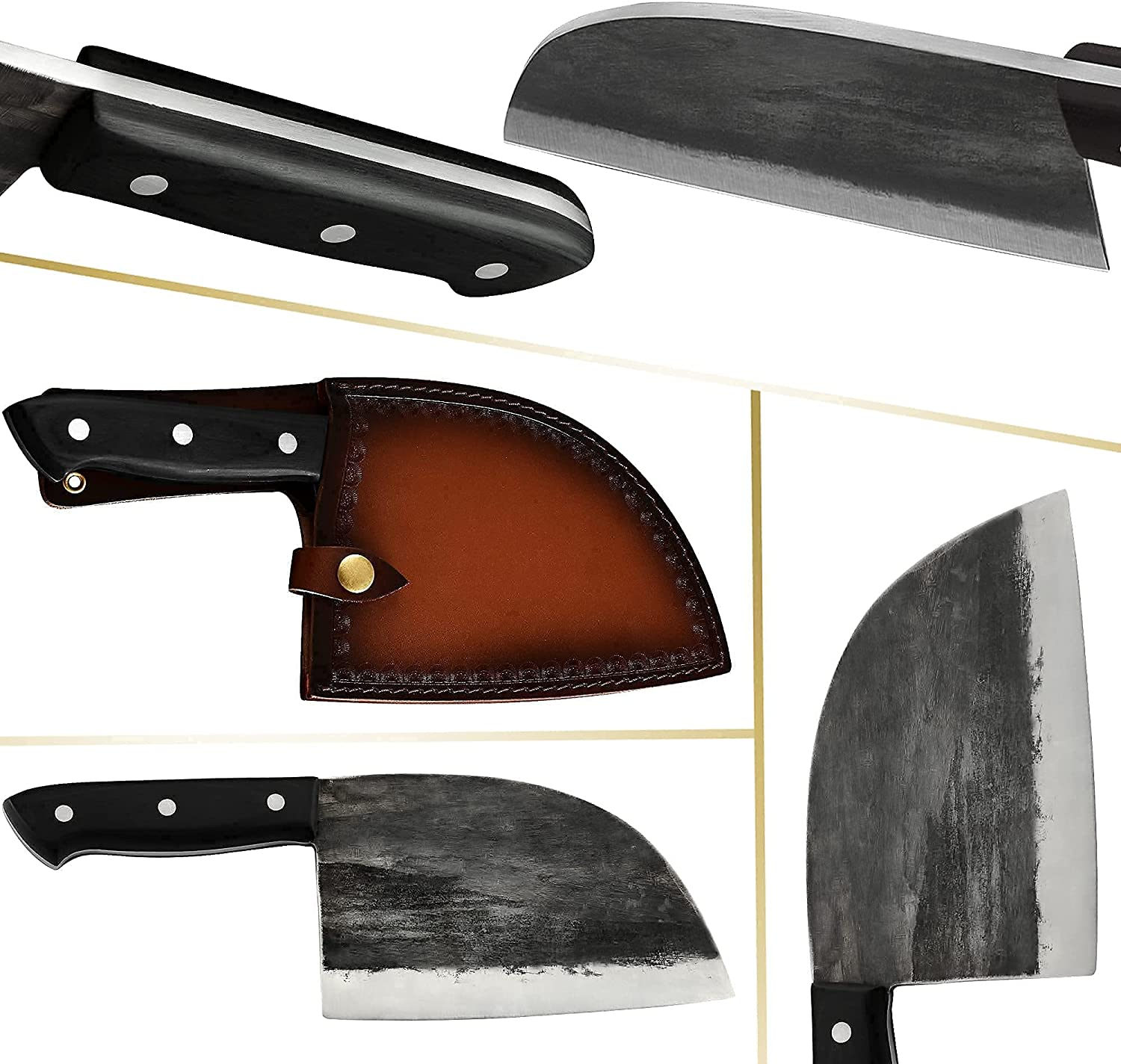 XYJ Full Tang Boning Knife Handmade Forged Butcher Knife Serbian Chef Knife Multi-Functional Cleaver with Leather Sheath for Kitchen Camping or BBQ