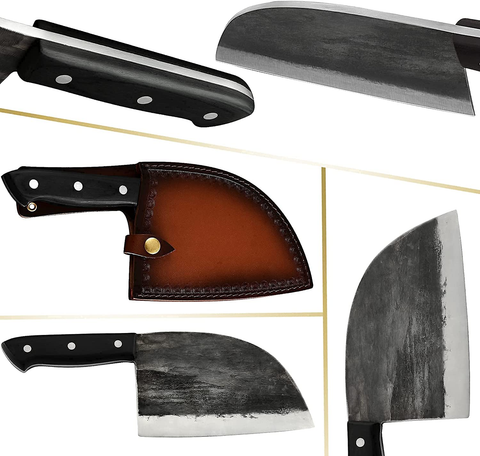 Image of XYJ Full Tang Boning Knife Handmade Forged Butcher Knife Serbian Chef Knife Multi-Functional Cleaver with Leather Sheath for Kitchen Camping or BBQ
