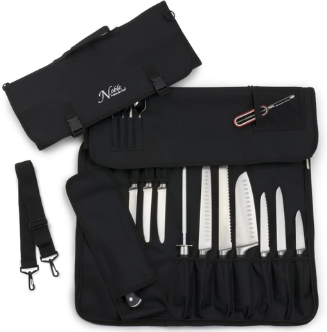 Image of Chef’S Knife Roll Bag (14 Slots) Holds 10 Knives plus Meat Cleaver, Utility Pocket, and 4 Tasting Spoons! Our Durable Knife Carrier Includes Shoulder Strap and Name Card Holder. (Knives Not Included)