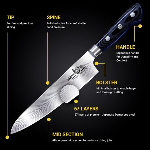 Image of KUMA Professional Damascus Knife - 8 Inch Japanese Chef Knife, AUS10 Core - Corrosion and Stain Resistant - G10 Handle & Sheath Made of Hardened Carbon Steel