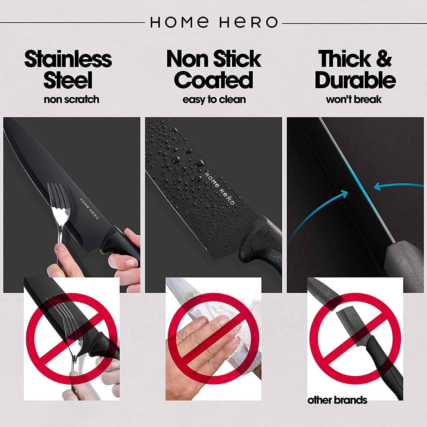 Home Hero 7 Pcs Kitchen Knife Set - Block Knife Set - 5 Black Stainless Steel Knives & Knife Sharpener with Acrylic Stand (Black, Stainless Steel)