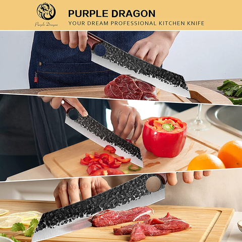 Image of Purple Dragon Chef Knife Meat and Vegetable Cleaver Knife Hand Forged Boning Knife 8.5 Inch Full Tang Design High Carbon Steel Kitchen Knife for Home Kitchen Restaurant