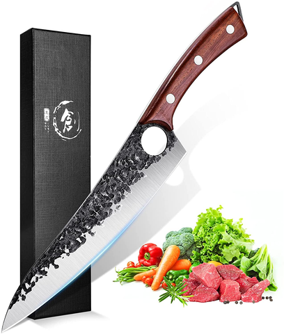Image of PURPLE DRAGON Hand Forged Kitchen Knife 8 Inch Meat Butcher Full Tang Chef Knives High Carbon Steel Sharp Meat Cleaver Boning Knife with Gift Box for Slicing Fish Cutting Meat BBQ
