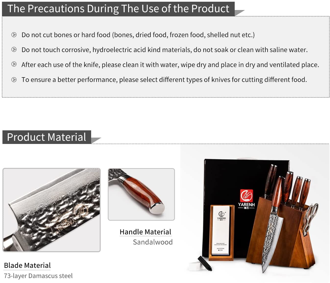 Damascus Kitchen Knife Set with Block Wooden and Sharpener Stone- Yarenh Professional Chef Knife Set 8 Piece - Japanese High Carbon Stainless Steel - Galbergia Wood Handle - Gift Box Packaging