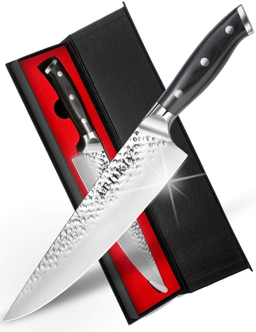 Image of Pro Chef Knife 8 Inch, Japanese AUS-10V Super Stainless Steel Kitchen Knife with Hammer Finish, Chefs Knife with a Triple-Riveted Ergonomic Handle, Professional Durable Cooking Knife with Gift Box