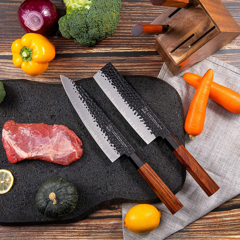 Image of FAMCÜTE Japanese Chef Knife Set, 3 Layer 9CR18MOV Clad Steel W/Octagon Handle and Block Wooden Holder for 4Piece Kitchen Knife Set (8” Gyuto Knife, 7” Nakiri Knife, 7” Santoku Knife, 5” Utility Knife)