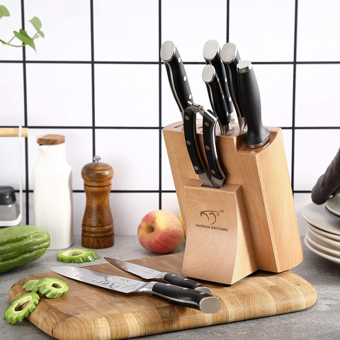 Image of Kitchen Damascus Knife Set, 9-Piece Kitchen Knife Set with Block, ABS Ergonomic Handle for Chef Knife Set, Knife Sharpener and Kitchen Shears, Beechwood Block