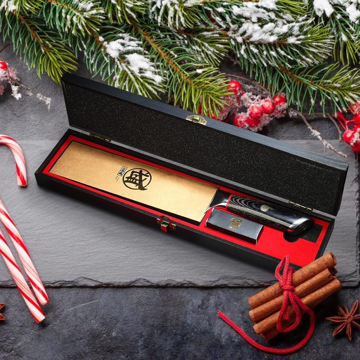 MITSUMOTO SAKARI 8 Inch Japanese Gyuto Chef Knife, AUS-10 Premium Damascus Steel Kitchen Cooking Knife, Professional Hand Forged Meat Sushi Knife (Pakkawood Handle & Gift Box)