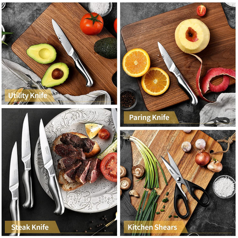 Image of Enowo14 PCS Chef Knife Set with Wooden Block Built-In Knife Sharpeners,German Stainless Steel Kitchen Knife Set with Exclusive Bolster Design Polka Dot Pattern,Hollow Handle,Kitchen Scissors