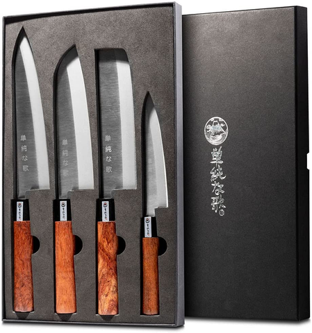 Image of Traditional Japanese Professional Kitchen Chef Knife Set - Premium Gyuto Santoku Nakiri Petty High Corrosion Resistance Full Tang Knife Set