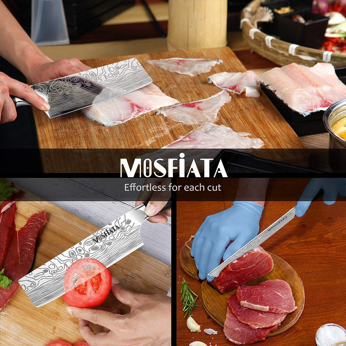 Mosfiata 7” Nakiri Chef'S Knife with Finger Guard and Blade Guard in Gift Box, German High Carbon Stainless Steel EN1.4116 Nakiri Vegetable Knife, Multipurpose Kitchen Knife with Micarta Handle