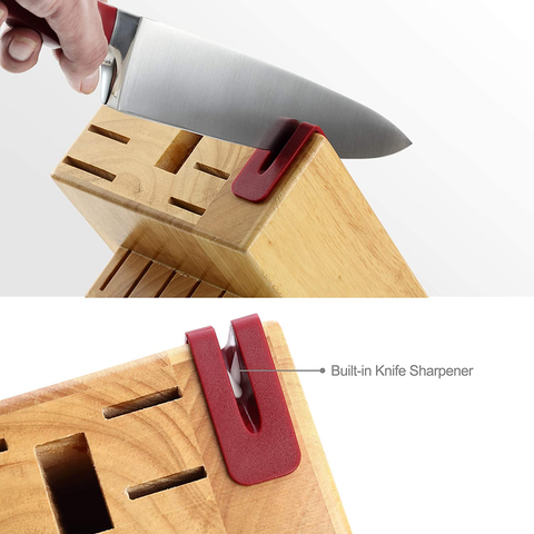 Image of Mccook MC24 15 Pieces Stainless Steel Kitchen Knife Sets with Wooden Block, Kitchen Scissors and Built-In Sharpener, Red