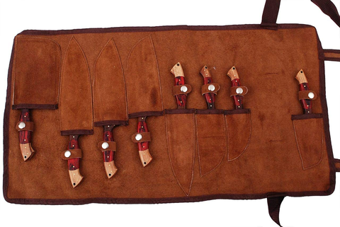 Image of G29RD- Professional Kitchen Knives Custom Made Damascus Steel 8 Pcs of Professional Utility Chef Kitchen Knife Set with Chopper/Cleaver with Pocket Case Chef Knife Roll Bag by Gladiatorsguild (Red)