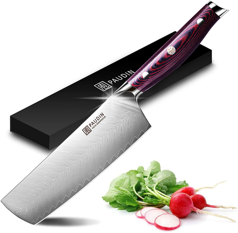 Image of PAUDIN Damascus Nakiri Knife - 7 Inch Ultra Sharp VG10 Vegetable Knife, Beautiful Plume Pattern Kitchen Knife with Ergonomic G10 Handle, Superb Edge Retention
