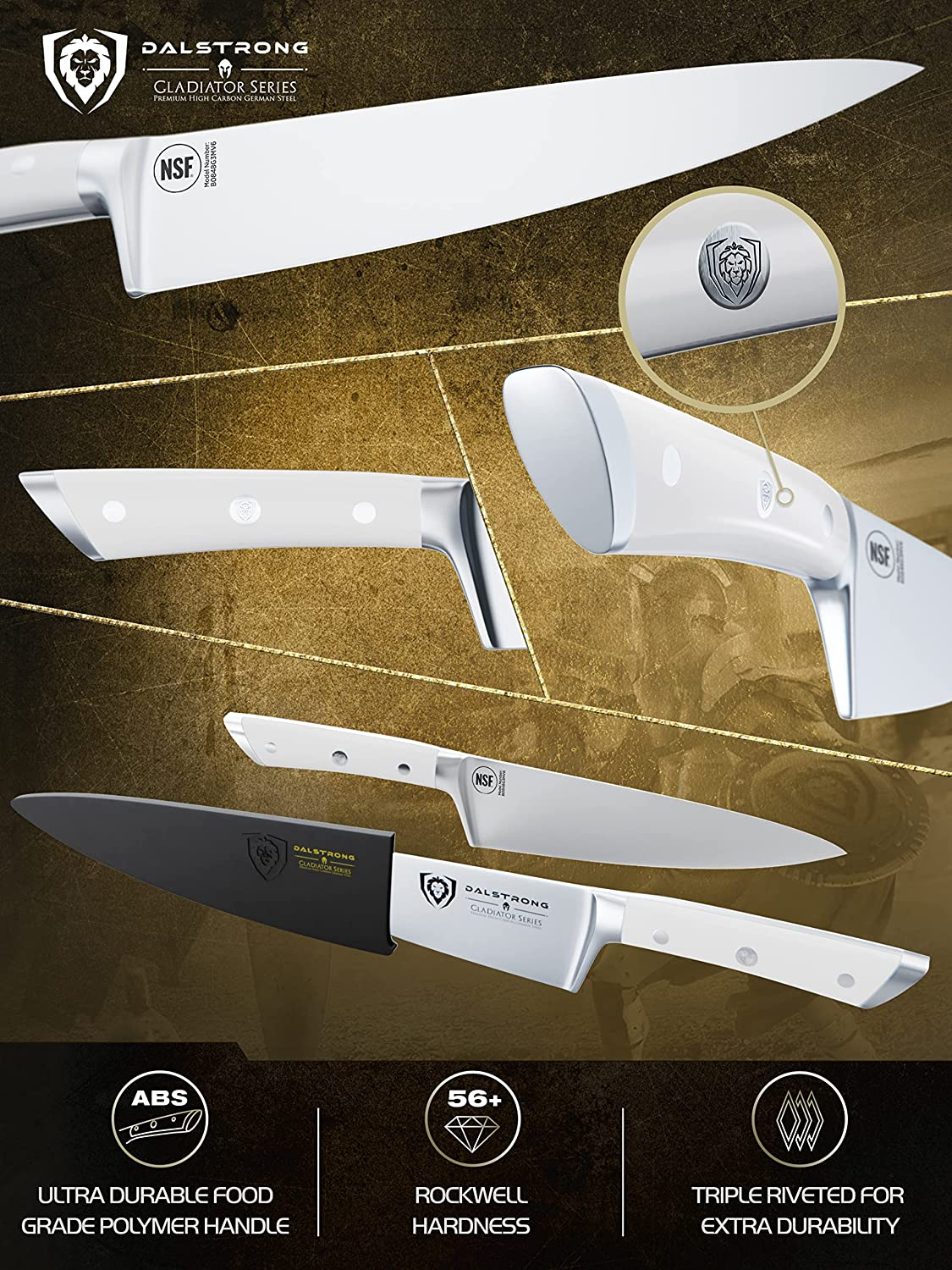 DALSTRONG Chef Knife - 8 Inch - Gladiator Series - Forged High Carbon German Steel - Razor Sharp Kitchen Knife - Full Tang - Glacial White ABS Handle - Sheath Included - NSF Certified