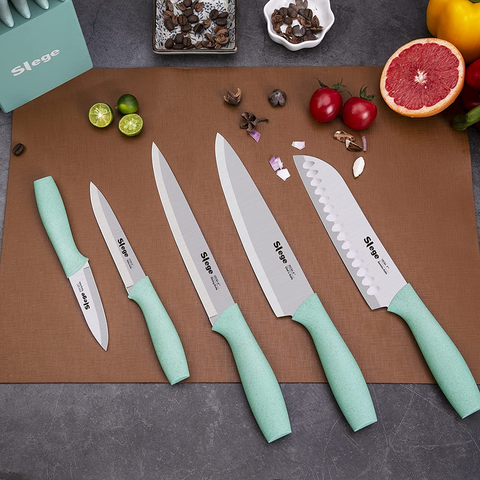 Image of Knife Set, 15-Piece Kitchen Knifes with Wooden Block, Professional Chef Knife Sets with Sharpener Scissors, Stainless Steel Sharp Knives for Home, Green Wheat Straw Handle, Light