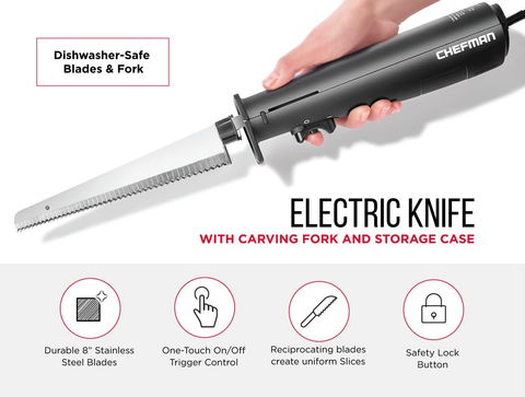 Image of Chefman Electric Knife with Bonus Carving Fork & Space Saving Storage Case Included One Touch, Durable 8 Inch Stainless Steel Blades, Rubberized Black Handle, BPA Free, 120 Volts and Watts