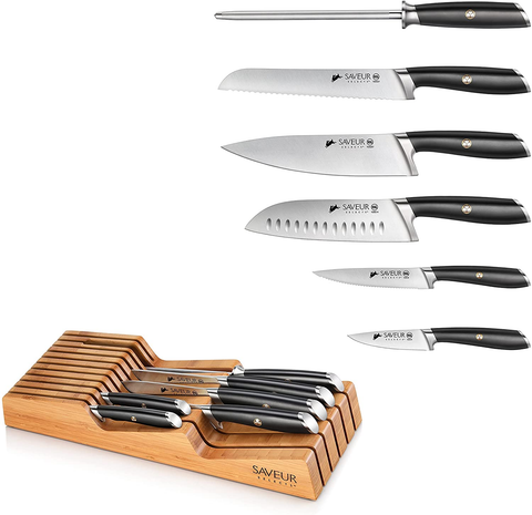 Image of Saveur Selects 1026306 German Steel Forged 6-Piece Knife Set with Bamboo in Drawer Storage Knife Block