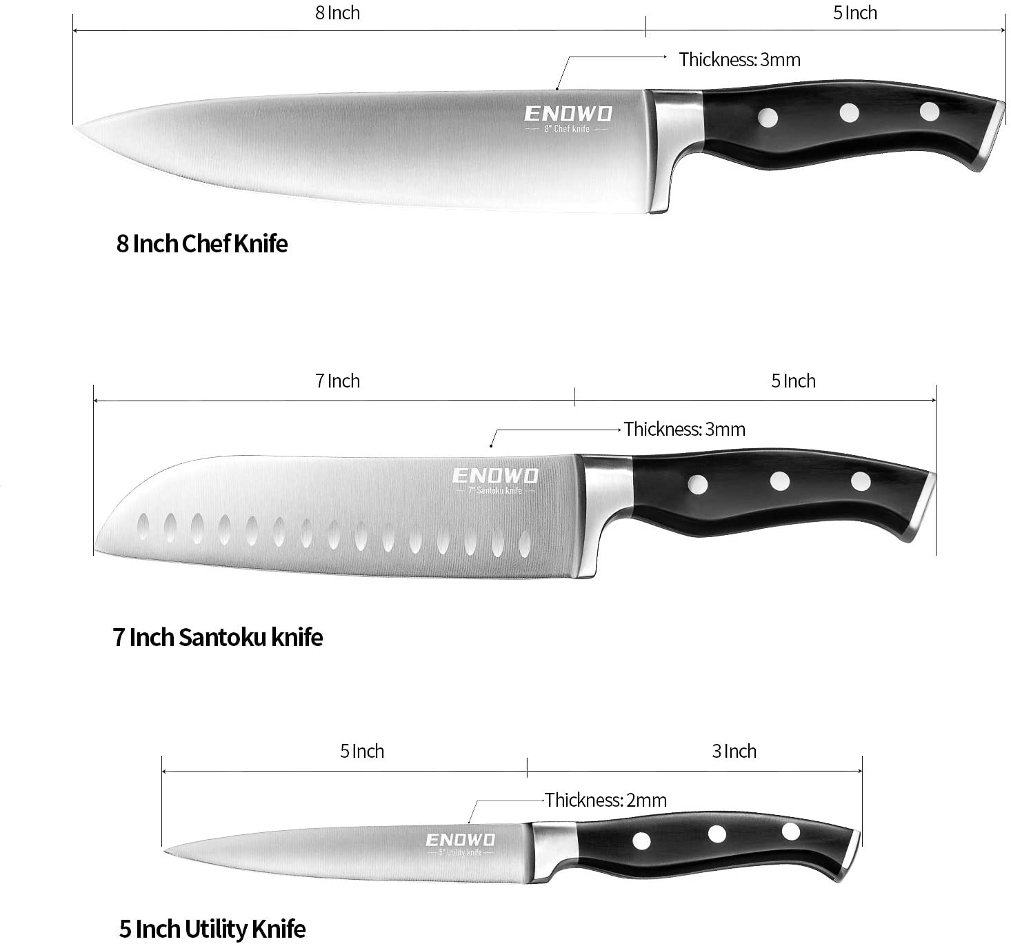 Enowo Chef Knife Ultra Sharp Kitchen Knife Set 3 Pcs,Premium German Stainless Steel Knife with Finger Guard Clad Dimple,Ergonomic Handle and Gift Box