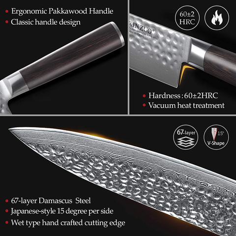 Image of XINZUO 7PC Damascus Steel Kitchen Knife Set with Acacia Wood Block,Multifunctional Kitchen Scissors,Professional Sharp Chef Knife Forged Vegetable Knife with Pakkawood Handle- He Series