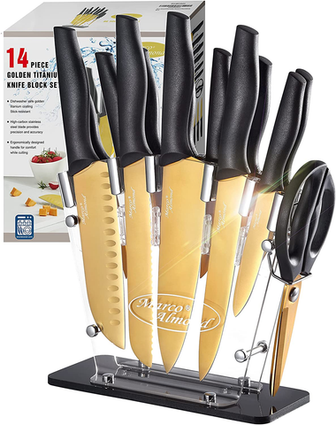 Image of Marco Almond Golden Titanium Knife Set with Acrylic Stand, Kitchen Knives Set with Block, Scissor,Santoku Knife,6 Golden Steak Knives Cutlery Gold Knife Set,14Piece Set,Black Handle