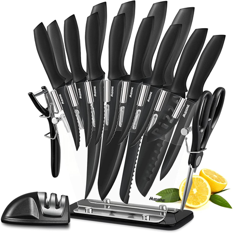 Image of MIDONE Knife Set, 17 Pcs German High Carbon Stainless Steel Kitchen Knife Set - 7 Knives, 6 Serrated Steak Knives, Scissors, Peeler & Sharpener with Acrylic Stand, Black…