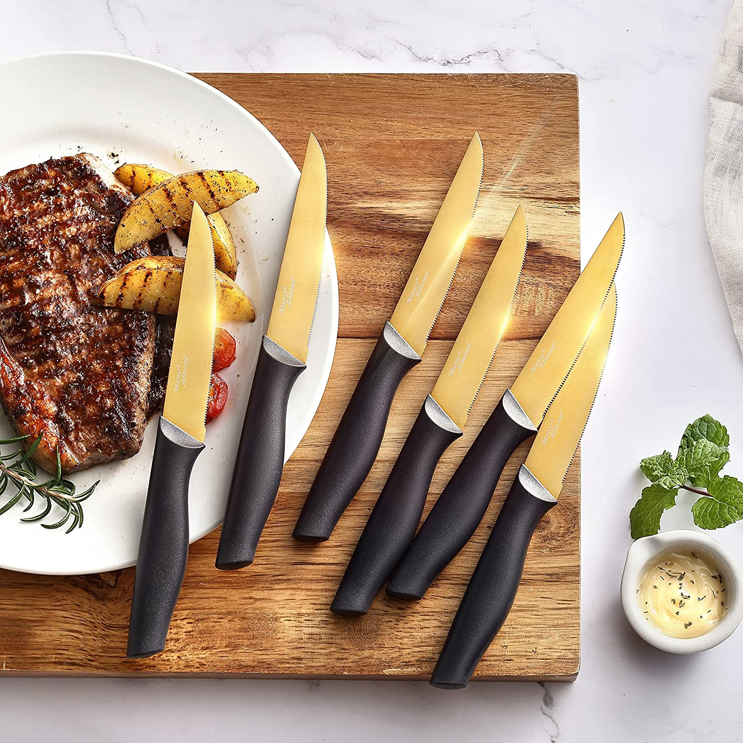 Marco Almond Golden Titanium Knife Set with Acrylic Stand, Kitchen Knives Set with Block, Scissor,Santoku Knife,6 Golden Steak Knives Cutlery Gold Knife Set,14Piece Set,Black Handle