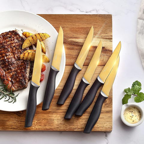 Image of Marco Almond Golden Titanium Knife Set with Acrylic Stand, Kitchen Knives Set with Block, Scissor,Santoku Knife,6 Golden Steak Knives Cutlery Gold Knife Set,14Piece Set,Black Handle