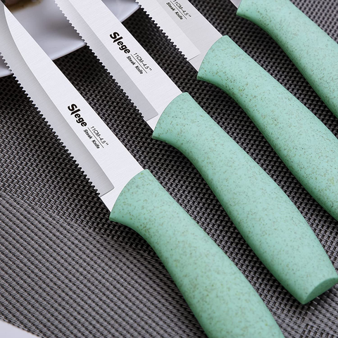 Image of Knife Set, 15-Piece Kitchen Knifes with Wooden Block, Professional Chef Knife Sets with Sharpener Scissors, Stainless Steel Sharp Knives for Home, Green Wheat Straw Handle, Light