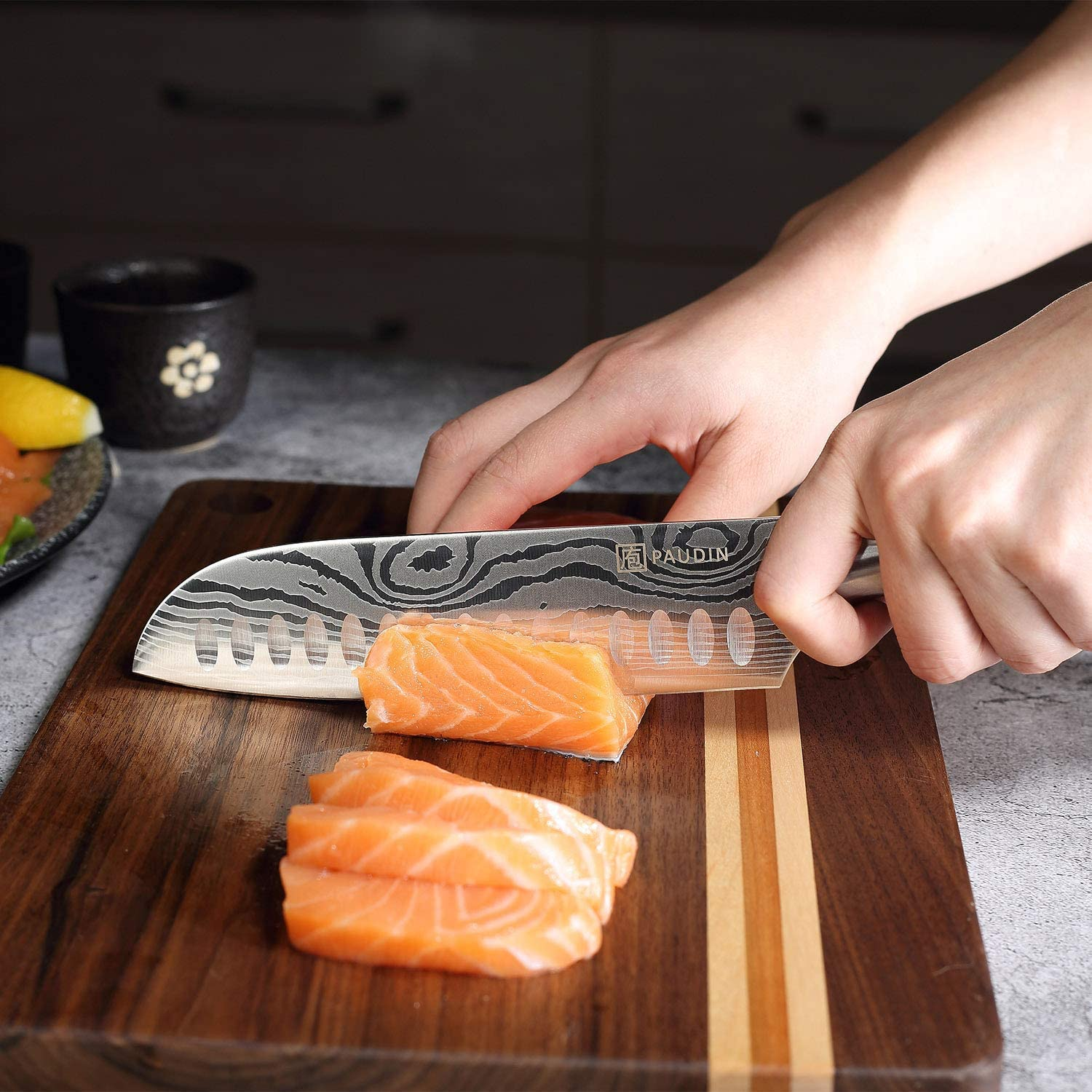 Santoku Knife - PAUDIN N5 7" Kitchen Knife, High Carbon Stainless Steel Chef Knife, Super Sharp Multifunctional Chopping Knife for Meat Vegetable Fruit with Pakkawood Handle and Gift Box