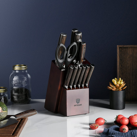 Image of BRODARK Kitchen Knife Set with Block, Ultra Sharp 15 PCS German Stainless Steel Professional Chef Knife Set with 2 Stage Knife Sharpener, Ergonomic Handle Full Tang Forged Gift with Premium Box