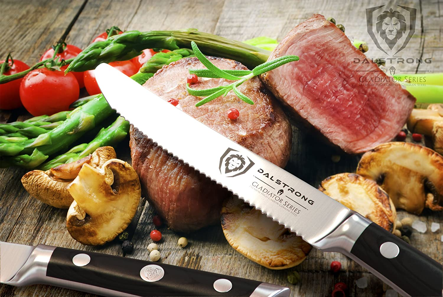 DALSTRONG Steak Knives - Set of 4 - Serrated Blade - Gladiator Series - Forged German High-Carbon Steel - W/Sheaths