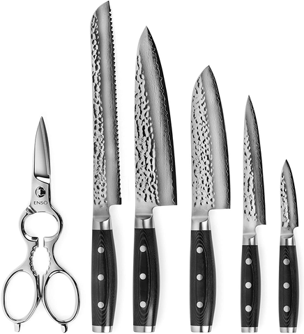 Image of Enso Knife Set - Made in Japan - HD Series - VG10 Hammered Damascus Japanese Stainless Steel with Slim Acacia Knife Block - 7 Piece