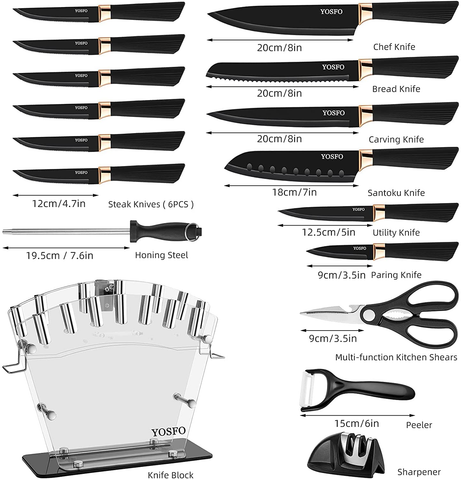 Image of Kitchen Knife Set with Block, Knives Set with Acrylic Stand, 17Pcs Stainless Steel Knife Block Set Includes Serrated Steak Knives Set, Chef Santoku Knives, Scissor, Sharpener and Knife Holder