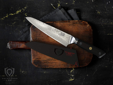 Image of DALSTRONG Chef Knife - 7 Inch - Shogun Series - Damascus - Japanese AUS-10V Super Steel Kitchen Knife - Black Handle - Razor Sharp Knife - W/Sheath