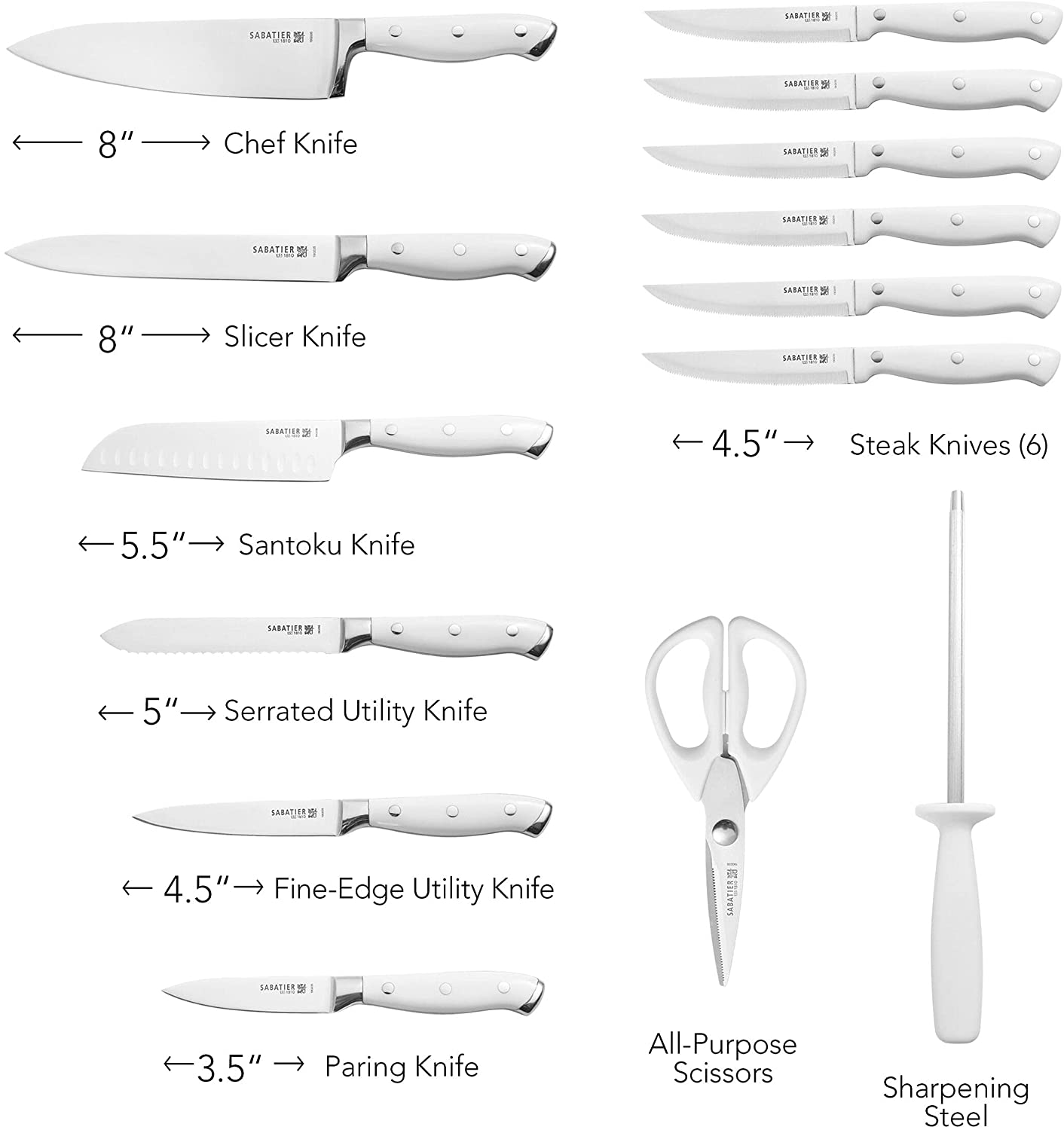 Sabatier Forged Triple Rivet Knife Block Set, 15-Piece, White