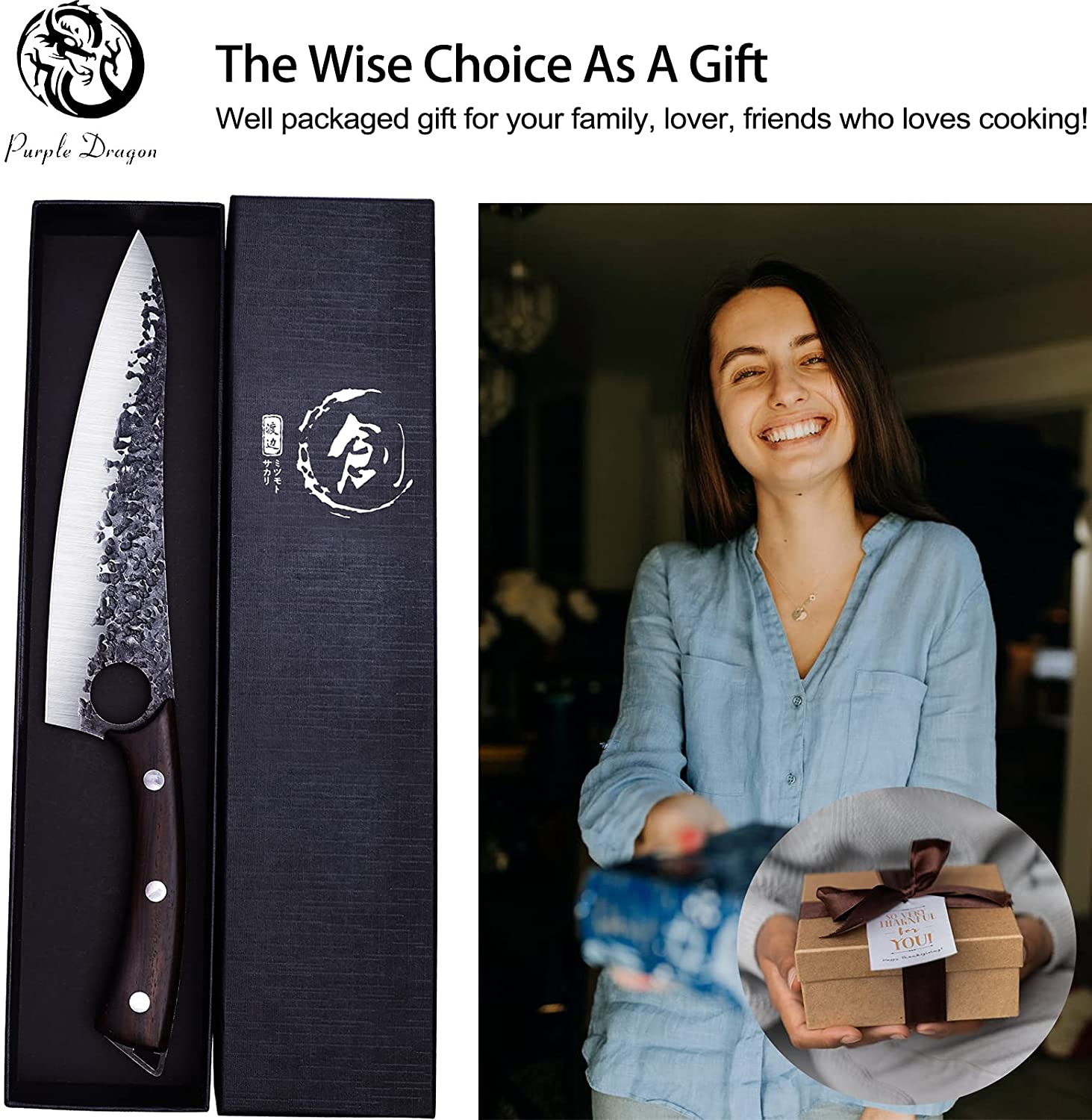 PURPLE DRAGON Hand Forged Kitchen Knife 8 Inch Meat Butcher Full Tang Chef Knives High Carbon Steel Sharp Meat Cleaver Boning Knife with Gift Box for Slicing Fish Cutting Meat BBQ