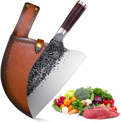 Image of Handmade Forged Serbian Meat Cleaver Knife with Sheath Chef'S Knvies Full Tang Butcher Knife Outdoor Meat Vegetable Cleaver for Family, BBQ or Camping (Silver)