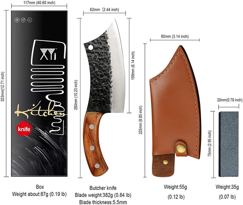 Image of XYJ Full Tang Boning Knife Handmade Forged Butcher Knife Serbian Chef Knife Multi-Functional Cleaver with Leather Sheath for Kitchen Camping or BBQ