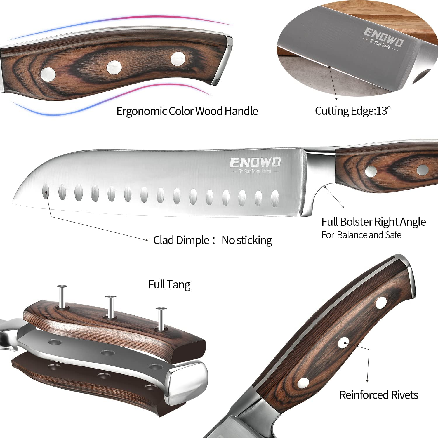 Enowo Chef Knife Ultra Sharp Kitchen Knife Set 3Pcs ,Premium German Stainless Steel Knife Cutlery Set with Finger Guard Clad Dimple,Ergonomic Color Wood Handle and Christmas Gifts Box