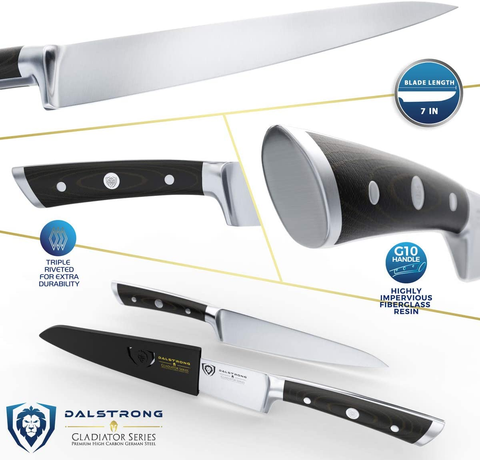 Image of DALSTRONG Chef Knife - 7 Inch - Gladiator Series - Forged High Carbon German Steel - Razor Sharp Kitchen Knife - Full Tang - Black G10 Handle - Sheath Included - NSF Certified