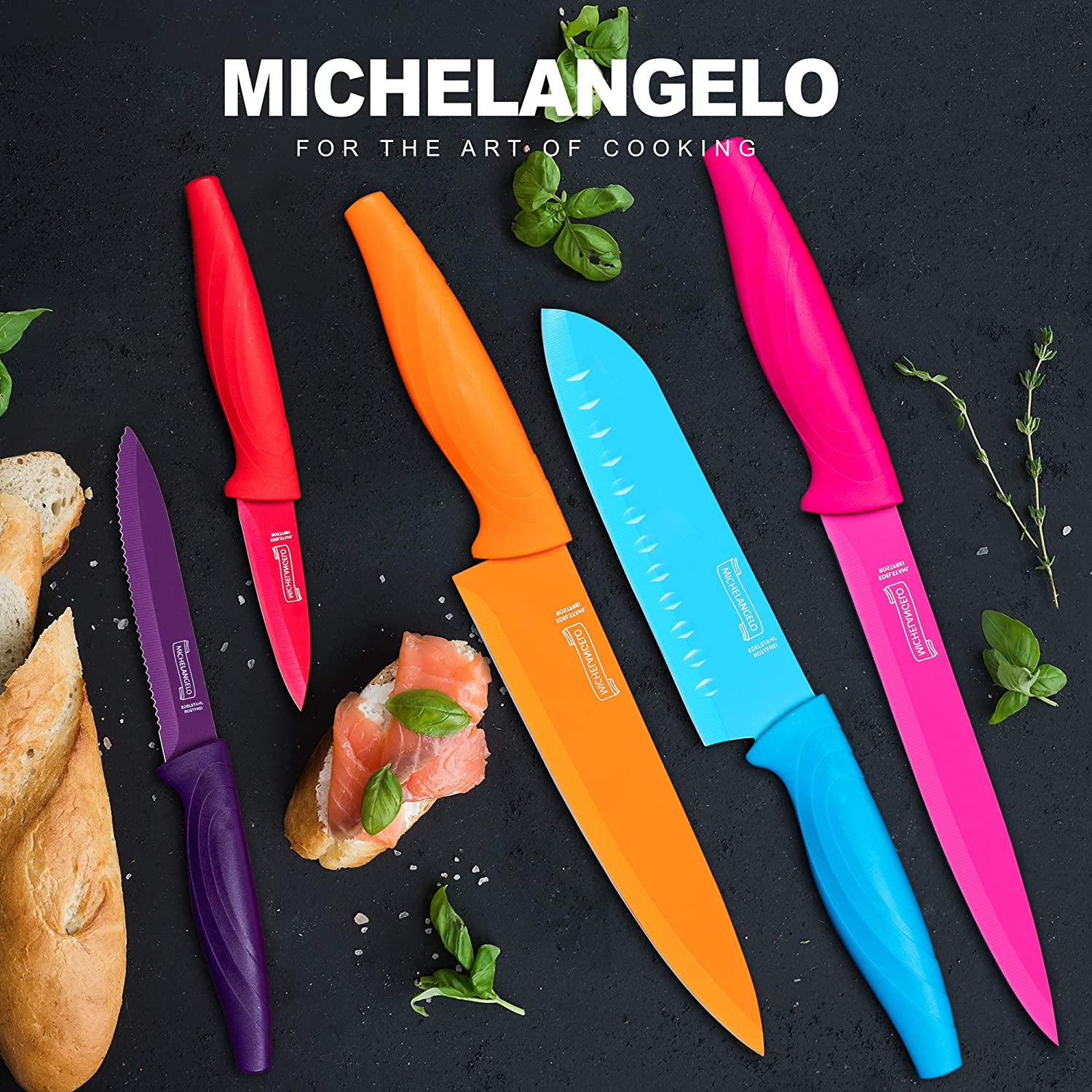 MICHELANGELO Kitchen Knife Set 10 Piece, High Carbon Stainless Steel Kitchen Knives Set, Knife Set for Kitchen, Rainbow Knife Set, Colorful Knife Set- 5 Knives & 5 Knife Sheath Covers