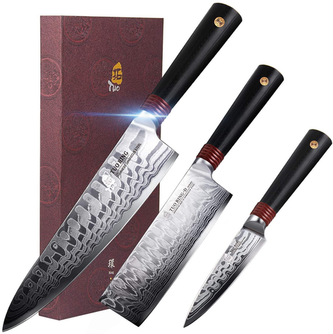 Image of TUO Damascus Kitchen Knife Set 3 Piece, 8" Chef Knife, 6.5" Nakiri Knife and 3.5" Paring Knife, Japanese AUS-10 High Carbon Stainless Steel, Full Tang G10 Handle - Gift Box - Ring-D Series
