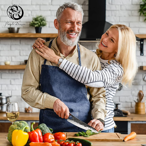 Image of PURPLE DRAGON Hand Forged Kitchen Knife 8 Inch Meat Butcher Full Tang Chef Knives High Carbon Steel Sharp Meat Cleaver Boning Knife with Gift Box for Slicing Fish Cutting Meat BBQ