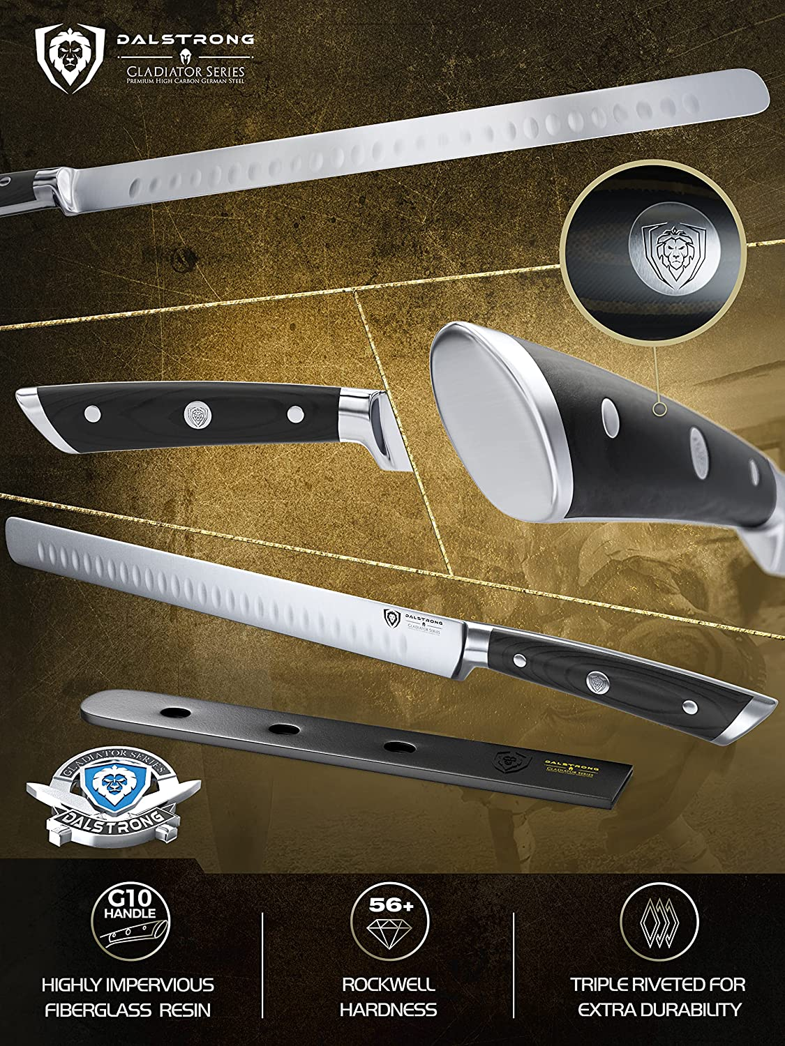 DALSTRONG Slicing & Carving Knife - 12" - Gladiator Series - Granton Edge - Forged High-Carbon German Steel - G10 Handle - W/ Sheath - NSF Certified