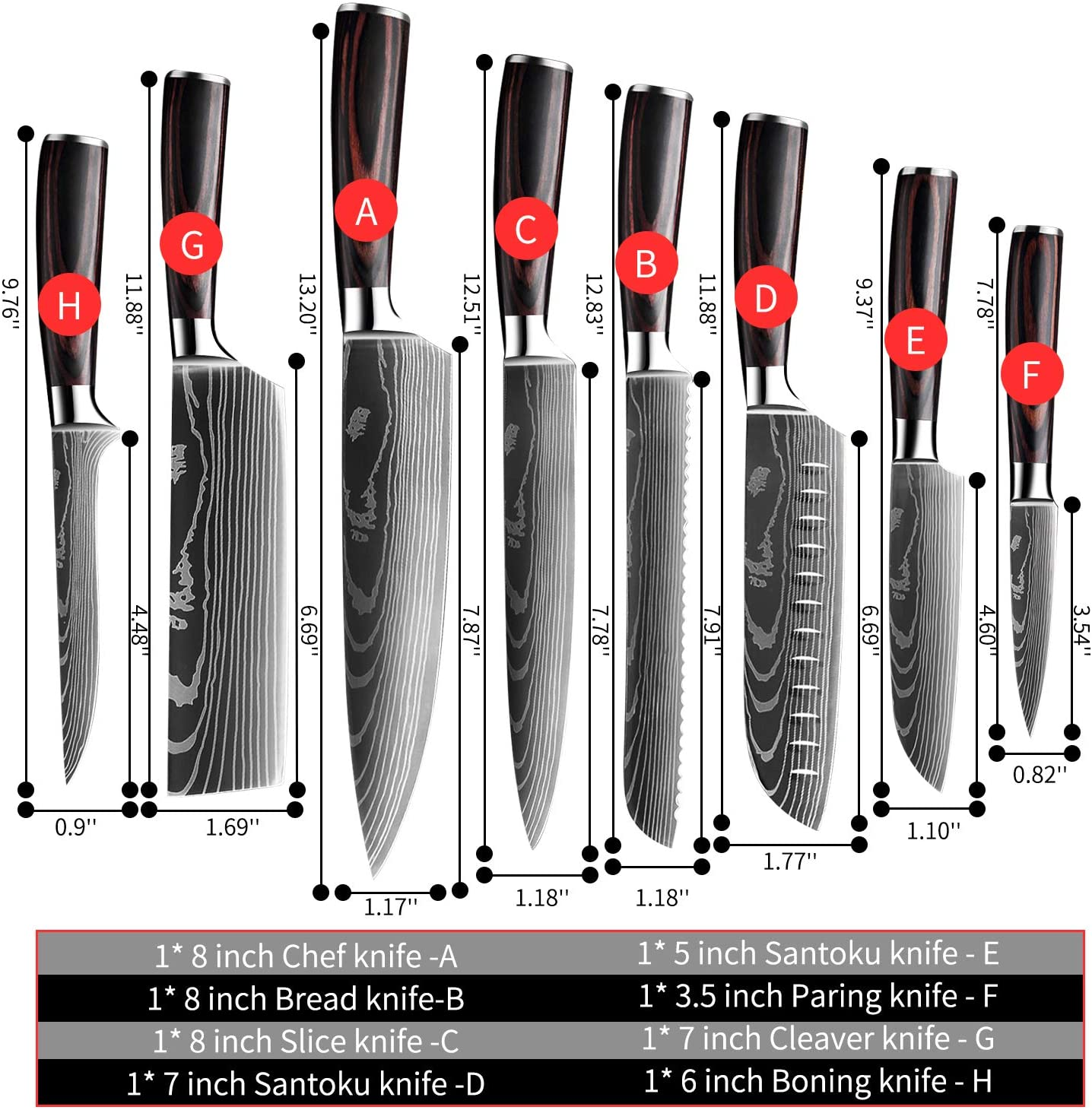 KEPEAK Kitchen Knife Sets 8 Piece, 3.5-8 Inch Chef Knives High Carbon Stainless Steel, Pakkawood Handle, Ultra Sharp Cooking Knife for Vegetable Meat Fruit