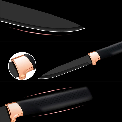 Image of Elabo 5 Piece Black Kitchen Knife Set with Stand - Stainless Steel Non-Stick Coating Knives, Rose Gold Handle