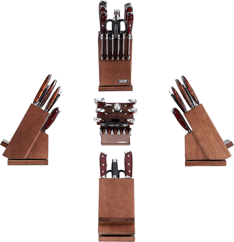 Image of Knife Set, Karcu Kitchen Knife Set with Block, 15-Piece German High Carbon Steel with Acrylic Handle, Rotating Acacia Block