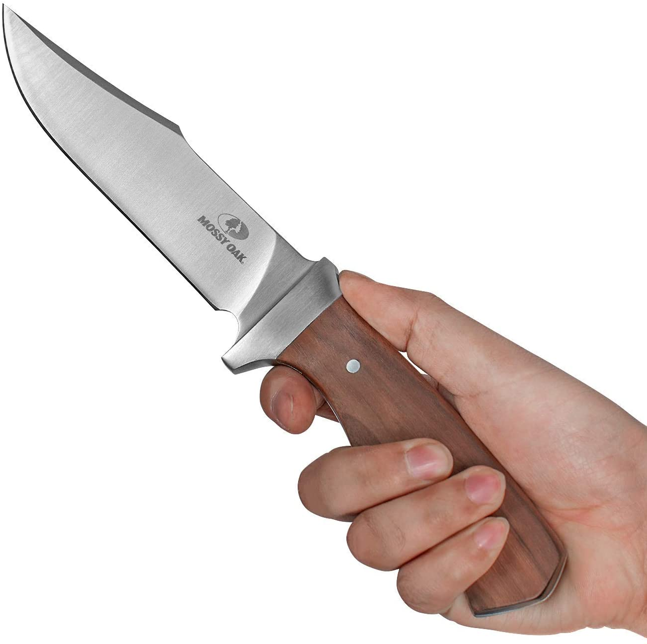 MOSSY OAK 11-Inch Full-Tang Fixed Blade Knife with Leather Sheath, Clip Point Blade and Wood Handle, for Outdoor Survival, Camping