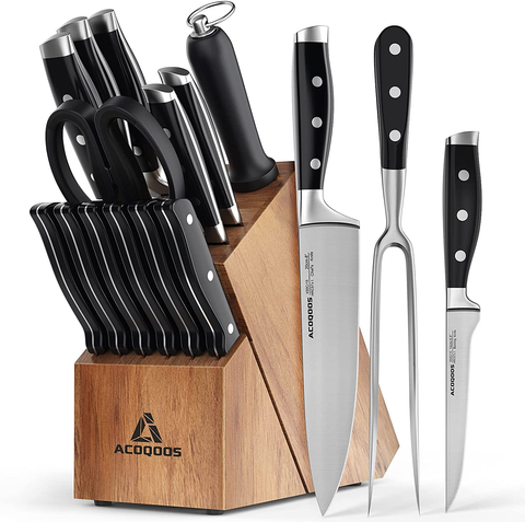 Image of Kitchen Knife Set with Wooden Block, Knife Block Sets 17 Piece with Knife Sharpener, German Stainless Steel and Full-Tang Design by ACOQOOS